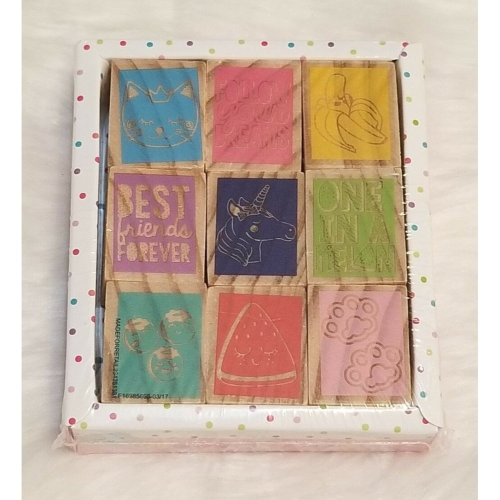 9 Wooden rubber stamps SET Teacher Supply Unicorn cat follow your dreams